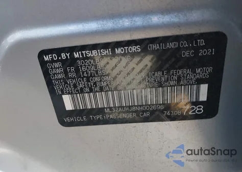 2022 Mitsubishi Mirage Es/Le from USA, damaged, VIN ML32AUHJ8NH002696
